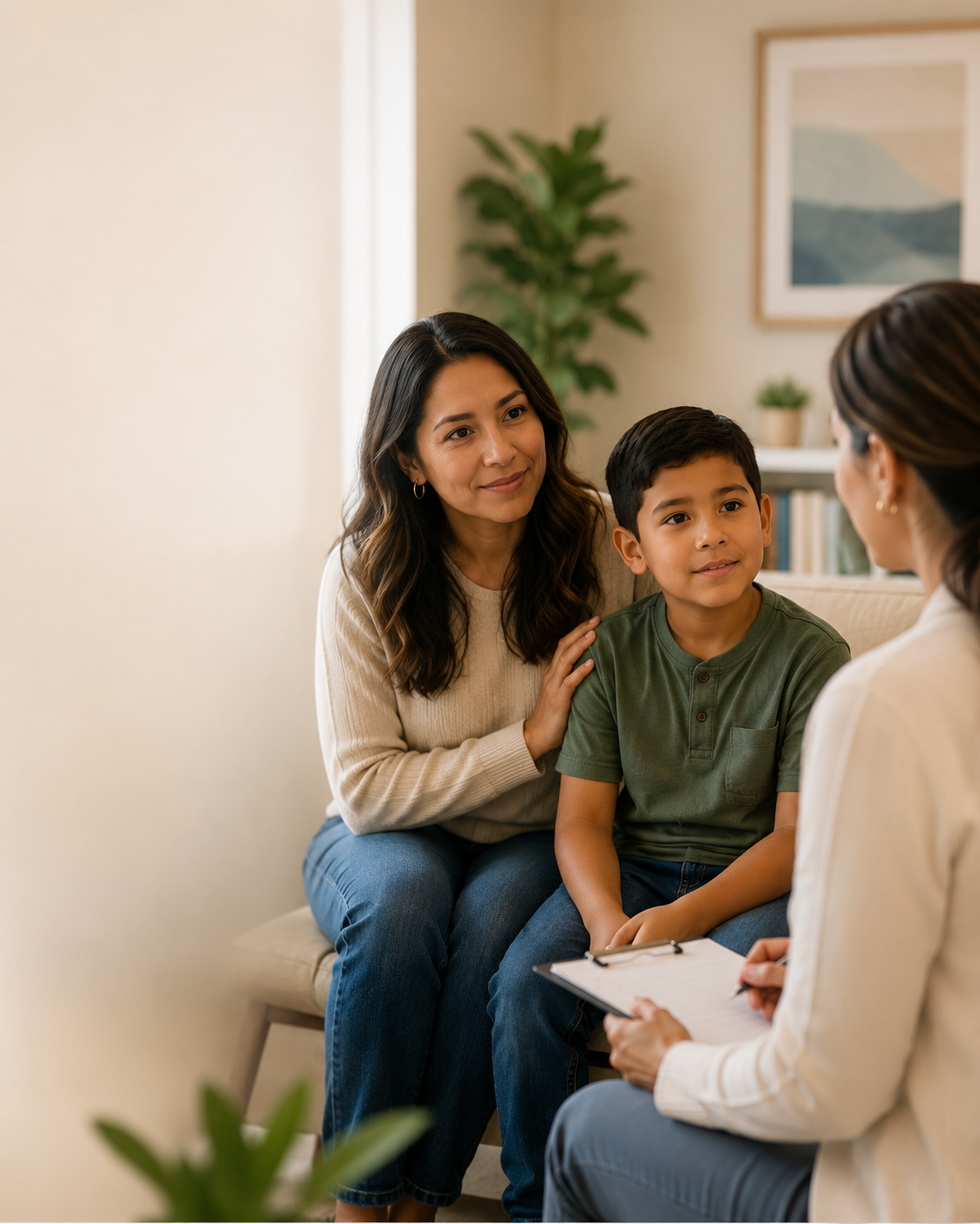 Familia hispana hablando con terapeuta sobre evaluación de autismo en Englewood.